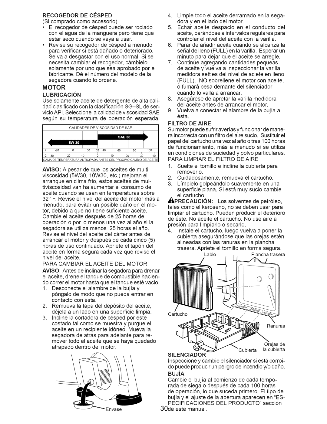 Craftsman 917.375011 owner manual Para Cambiar EL Aceite DEL Motor, Para Limpiar EL Filtro DE Aire, Silenciador 