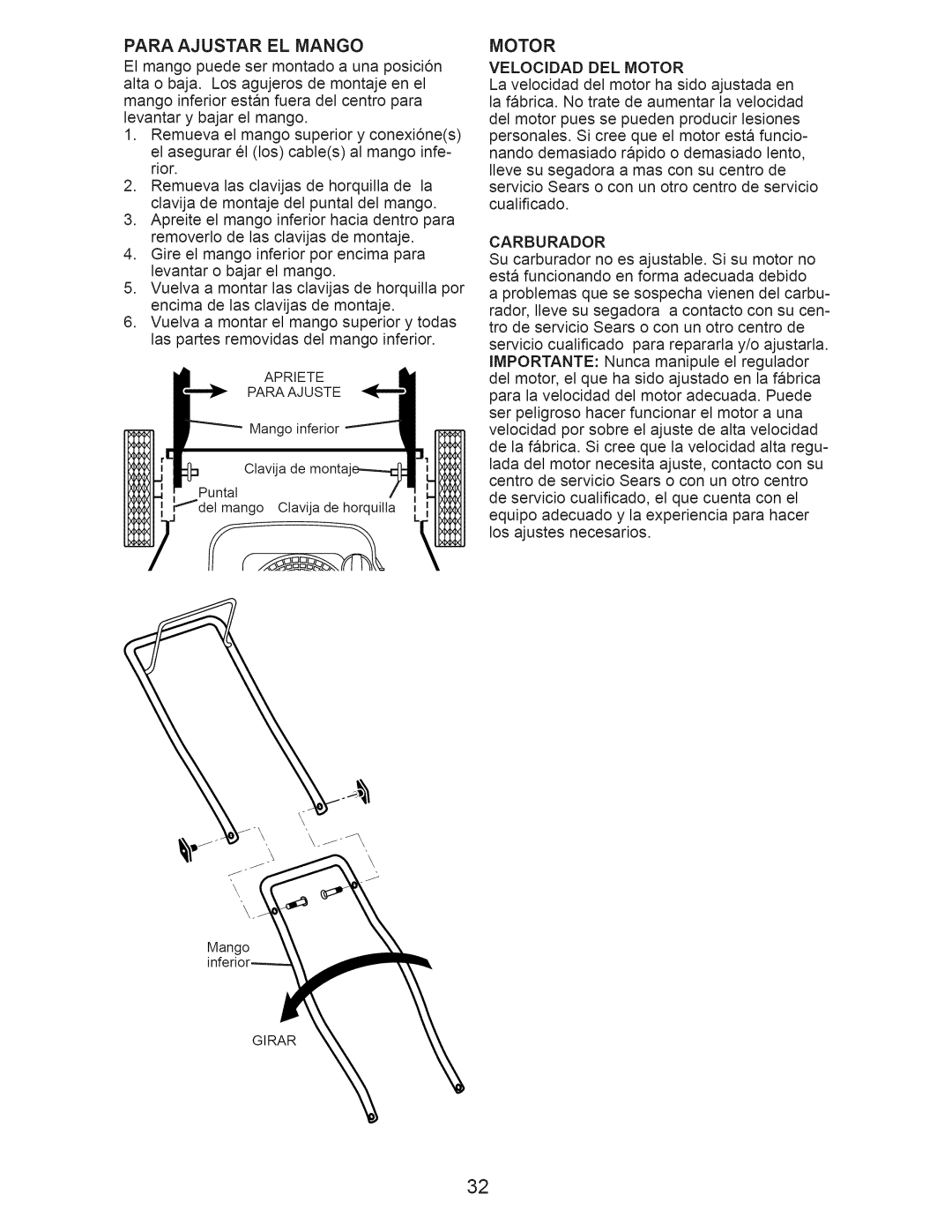 Craftsman 917.375011 owner manual Para Ajustar EL Mango, Carburador 