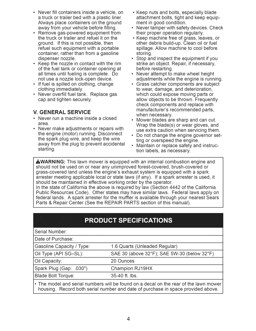 Craftsman 917.375011 owner manual General Service, RJ19HX 