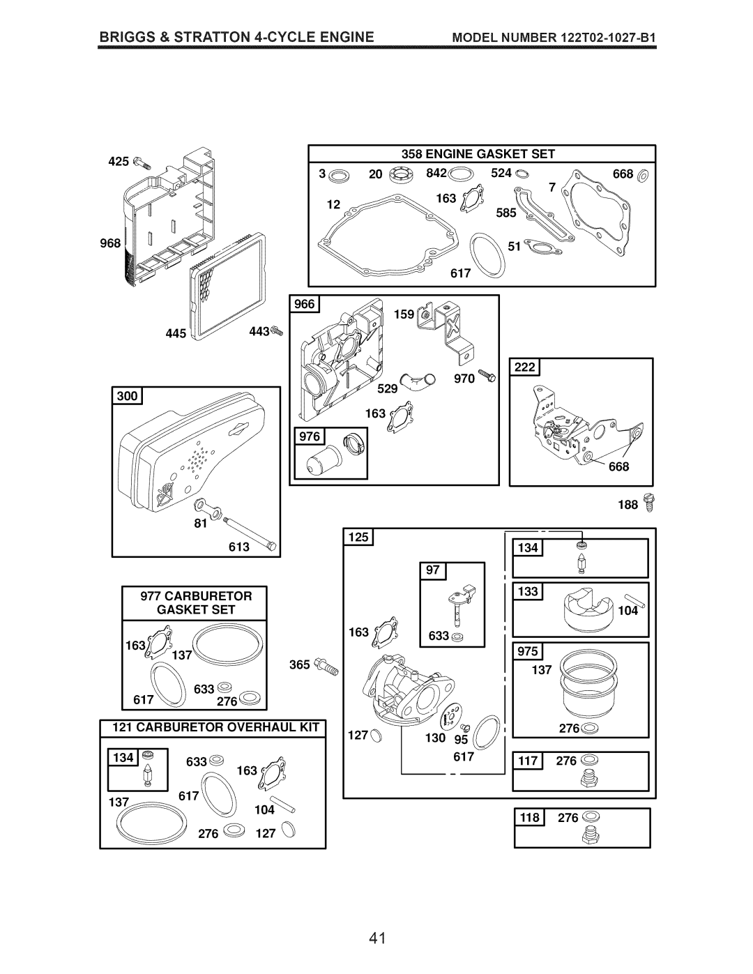 Craftsman 917.375011 owner manual Engine Gasket SET, Carburetor Gasket SET, Carburetor Overhaul KIT 