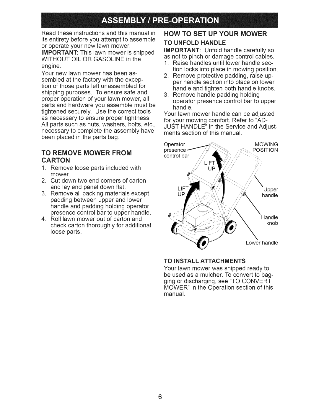 Craftsman 917.375011 owner manual To Remove Mower from Carton, To Unfold Handle, To Install Attachments 