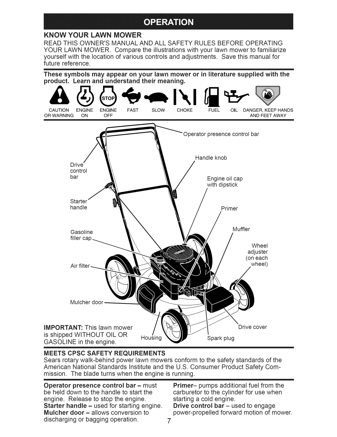 Craftsman 917.375011 owner manual Know Your Lawn Mower, Meets Cpsc Safety Requirements 