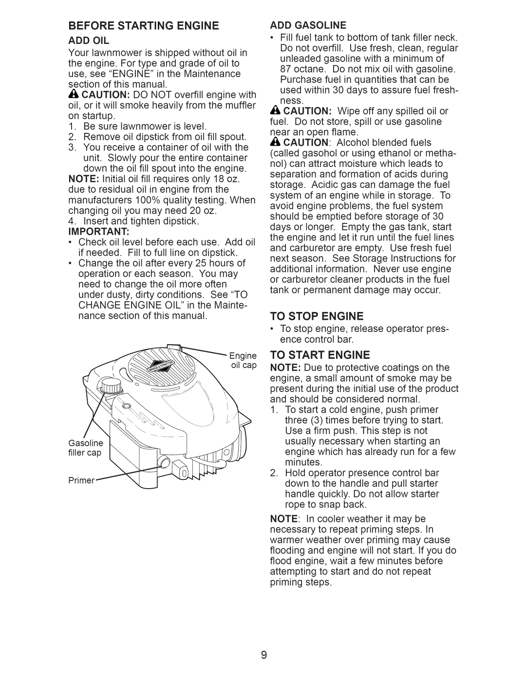 Craftsman 917.375011 owner manual Before Starting Engine, Add Oil, ADD Gasoline, To Stop Engine, To Start Engine 