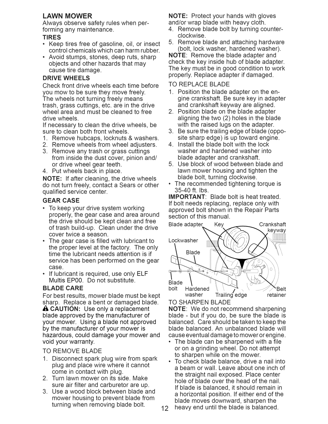 Craftsman 917.375012 owner manual Lawn Mower, Drive Wheels 