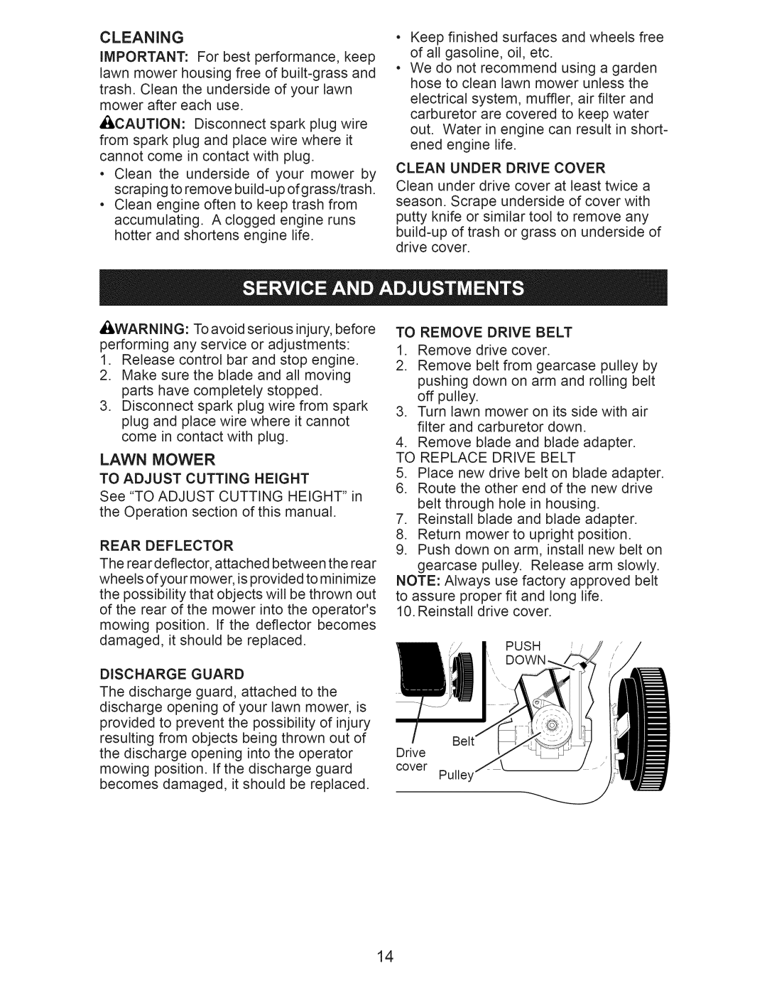 Craftsman 917.375012 Lawn Mower, Rear Deflector, Discharge Guard, Clean Under Drive Cover, To Replace Drive Belt 