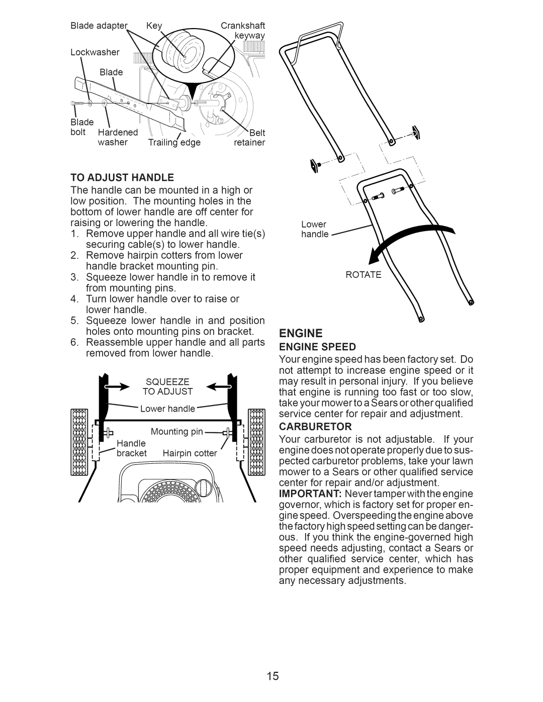 Craftsman 917.375012 owner manual Engine, To Adjust Handle, Carburetor, Rotate 