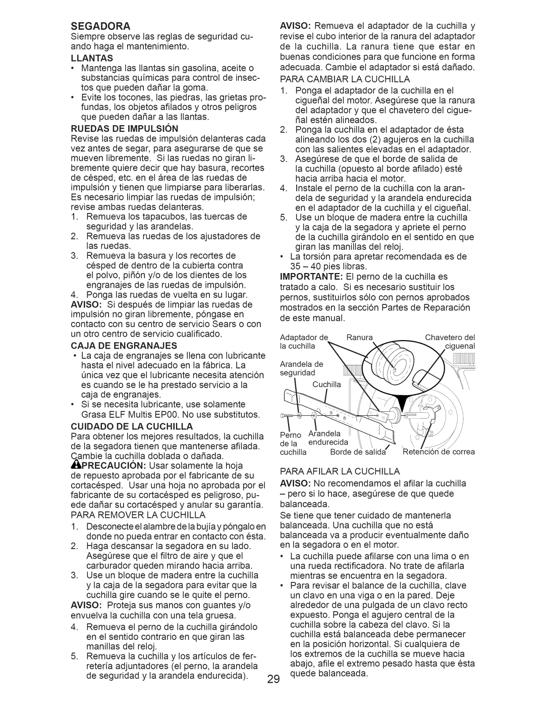 Craftsman 917.375012 owner manual Segadora 