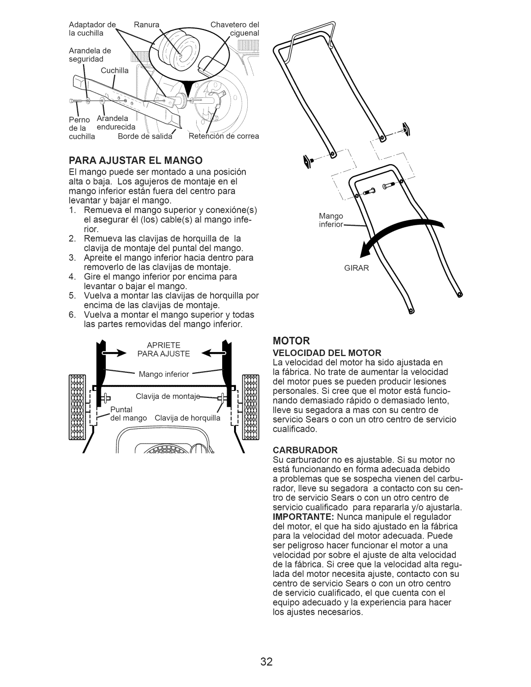 Craftsman 917.375012 owner manual Para Ajustar EL Mango, Motor, Carburador 