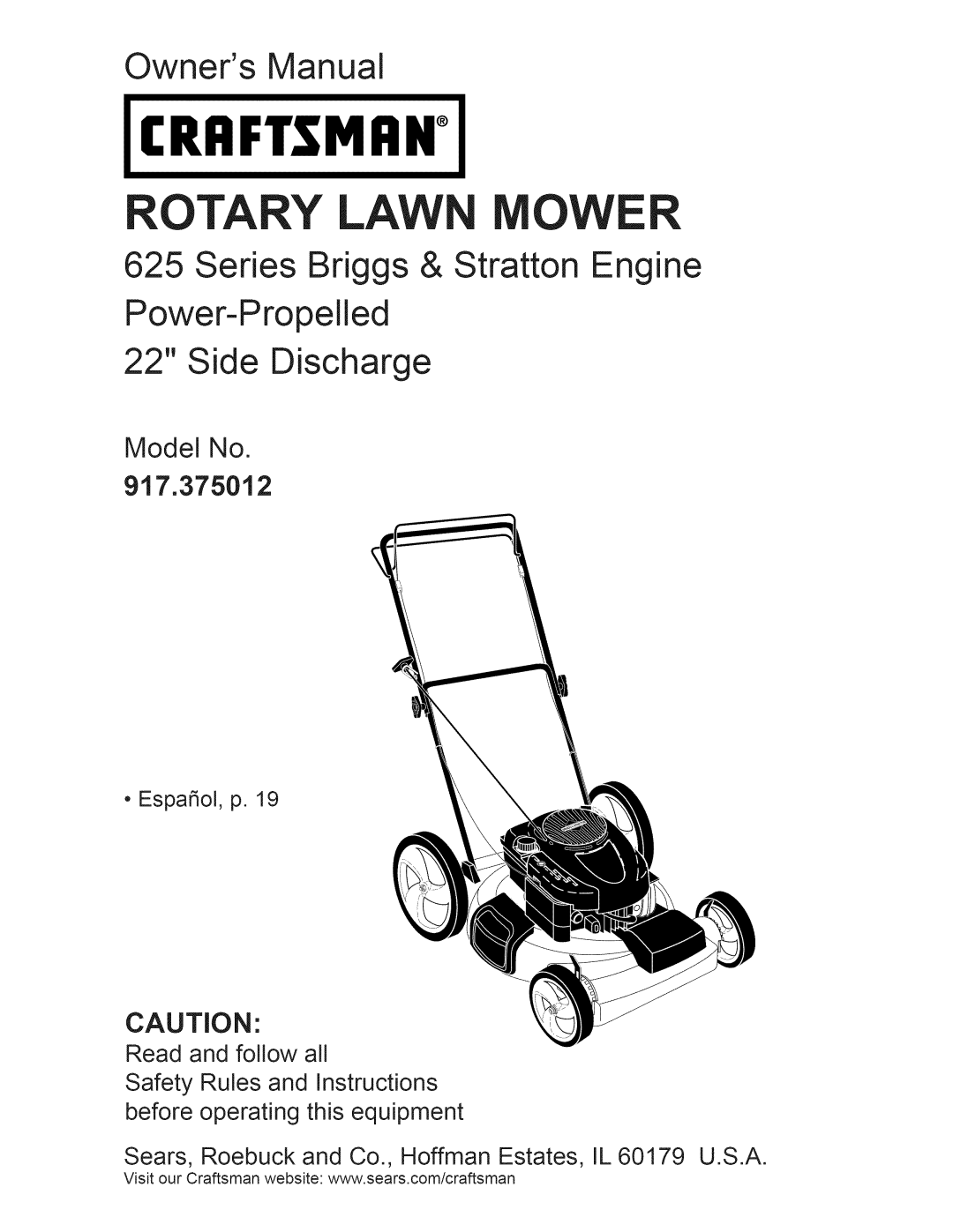 Craftsman owner manual Model No 917.375012, •EspaSol, p, Read and follow all, Craftsman, Rotary Lawn Mower 