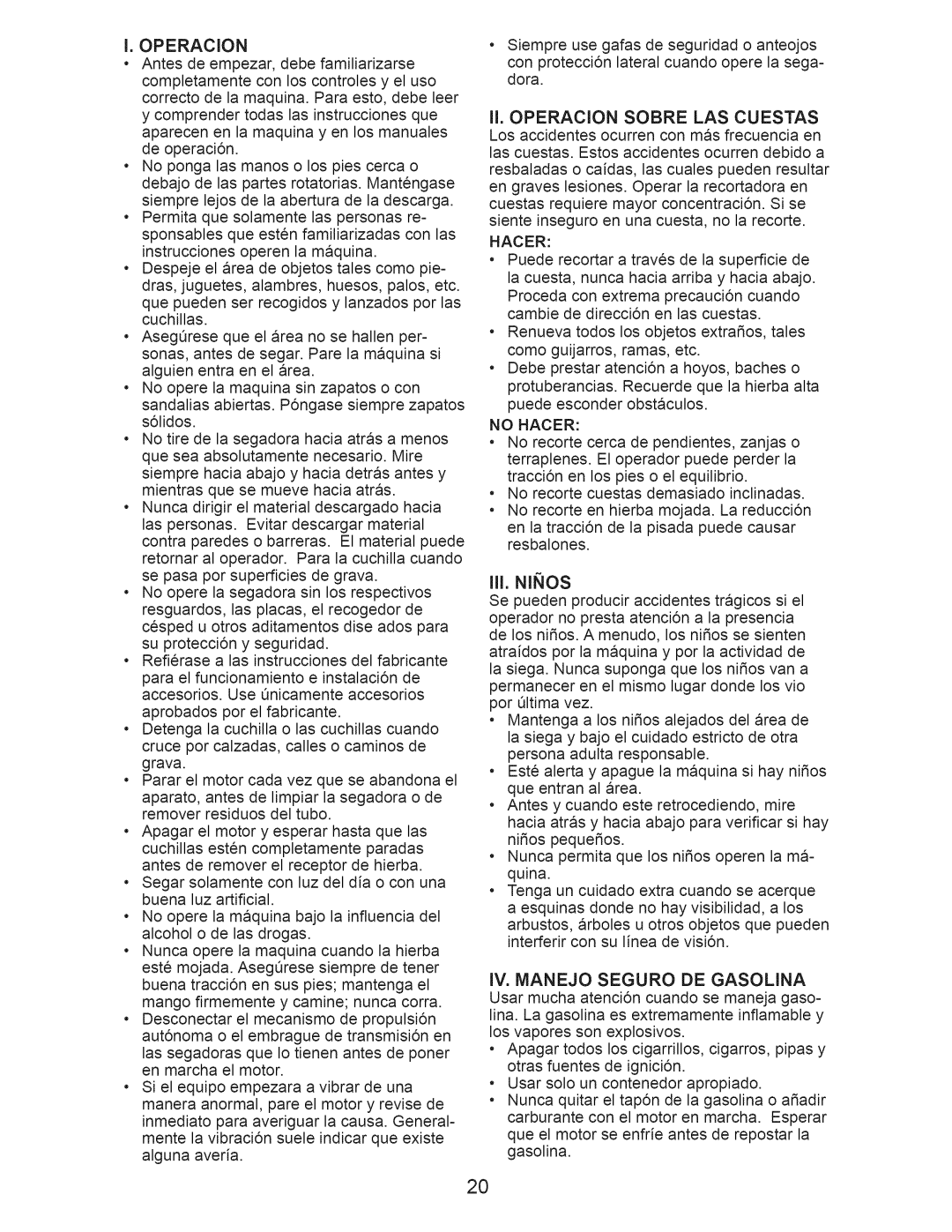 Craftsman 917.375012 owner manual I.Operacion, Ii.Operacion Sobre Las Cuestas, Iii.Ninos 