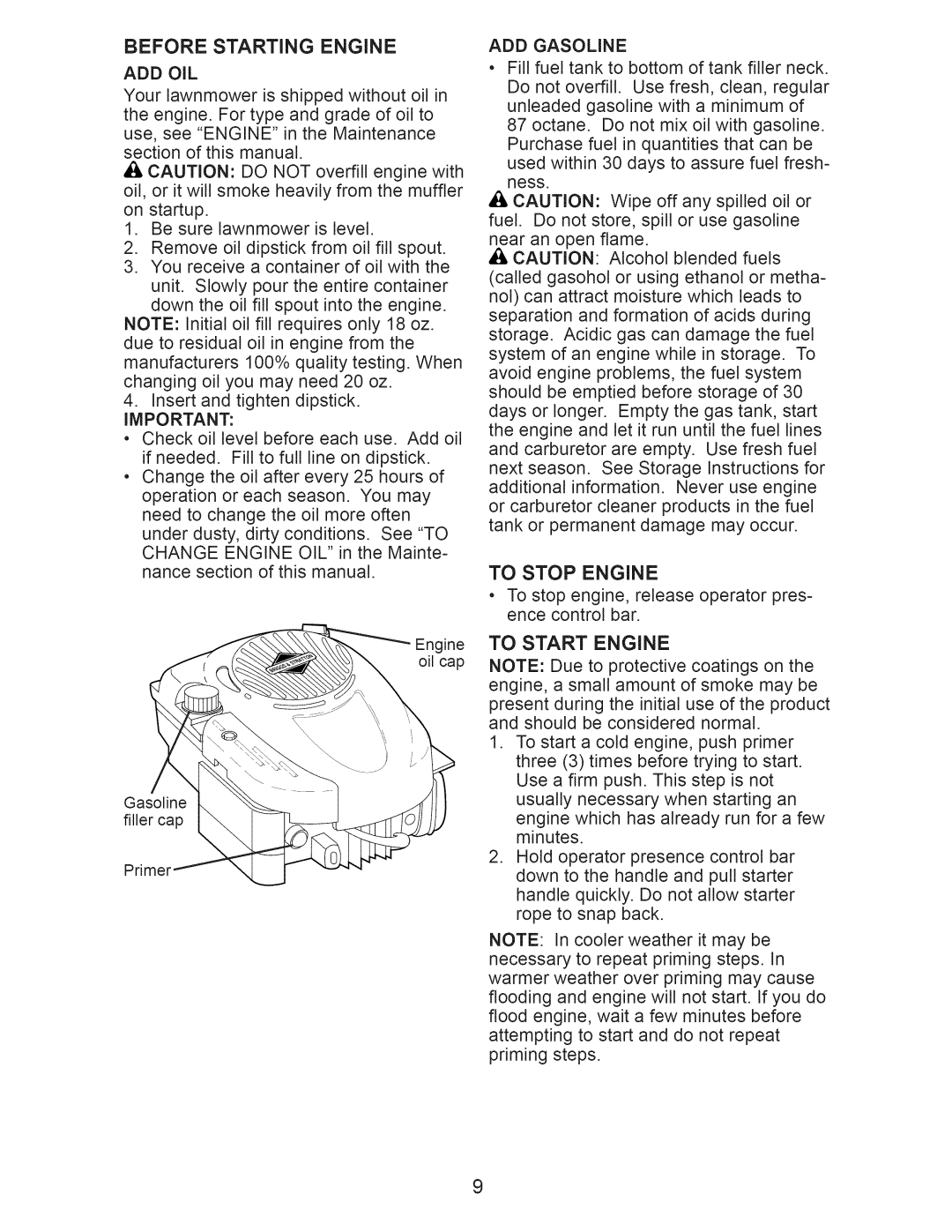 Craftsman 917.375012 owner manual Before Starting Engine, Add Oil, To Stop Engine, To Start Engine 