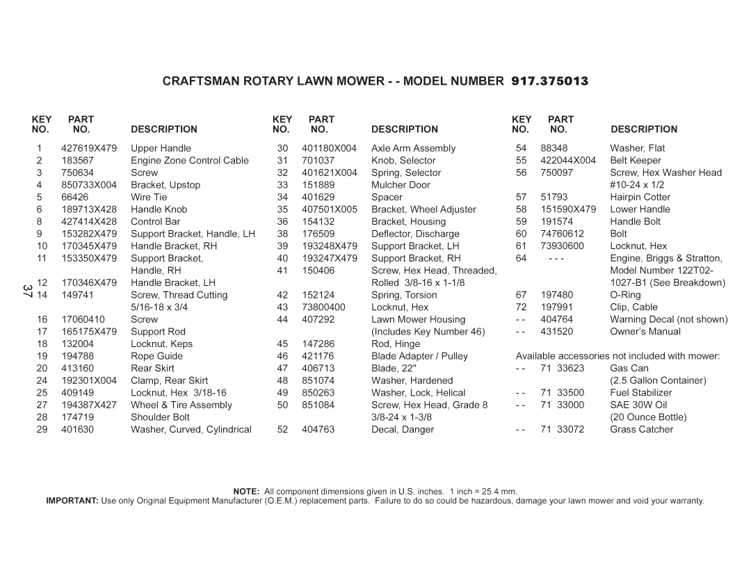 Craftsman 917.375013 manual Key, Part Description 