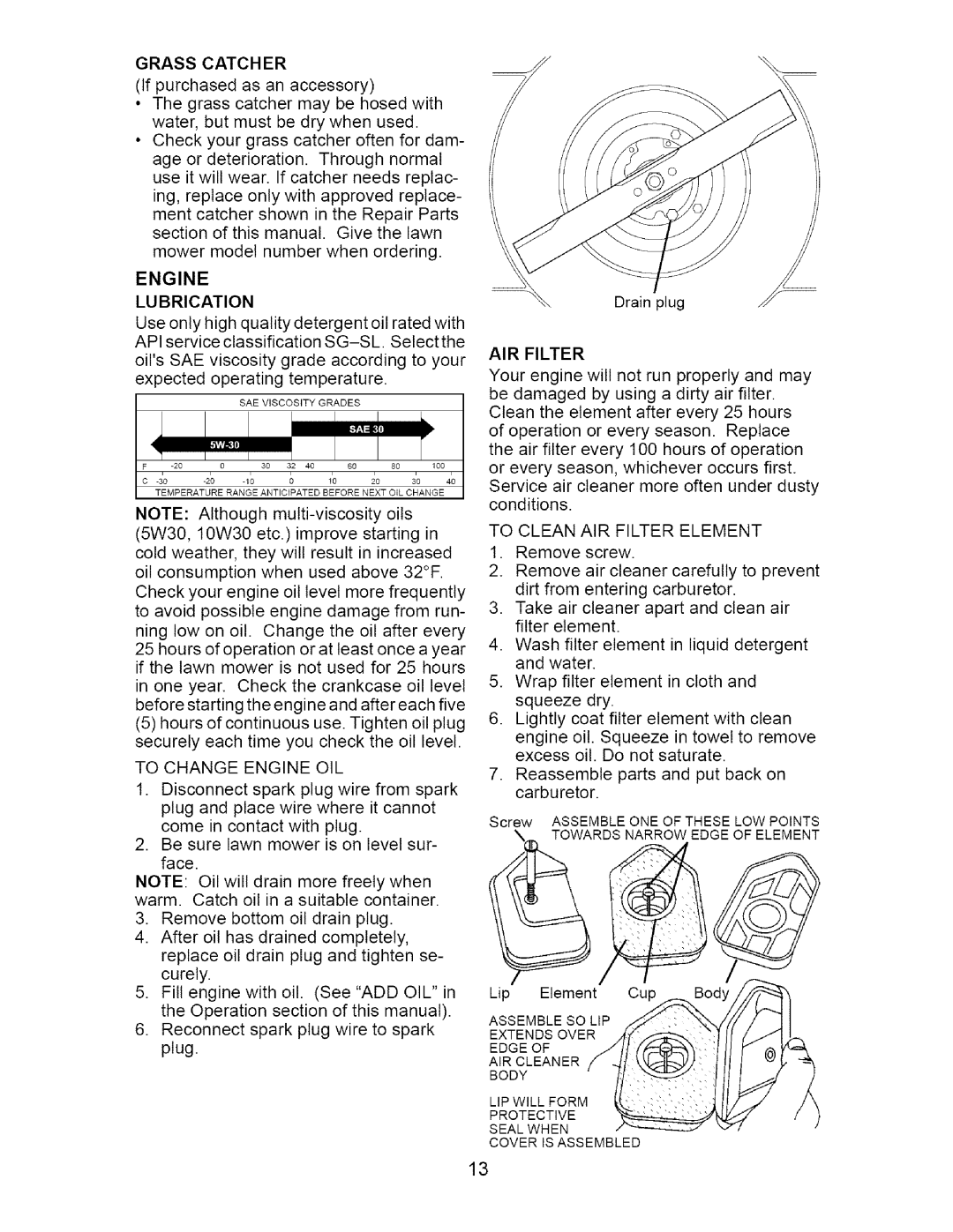 Craftsman 917.37561 owner manual Grasscatcher, To Change Engine OIL, To Clean AIR Filter Element 