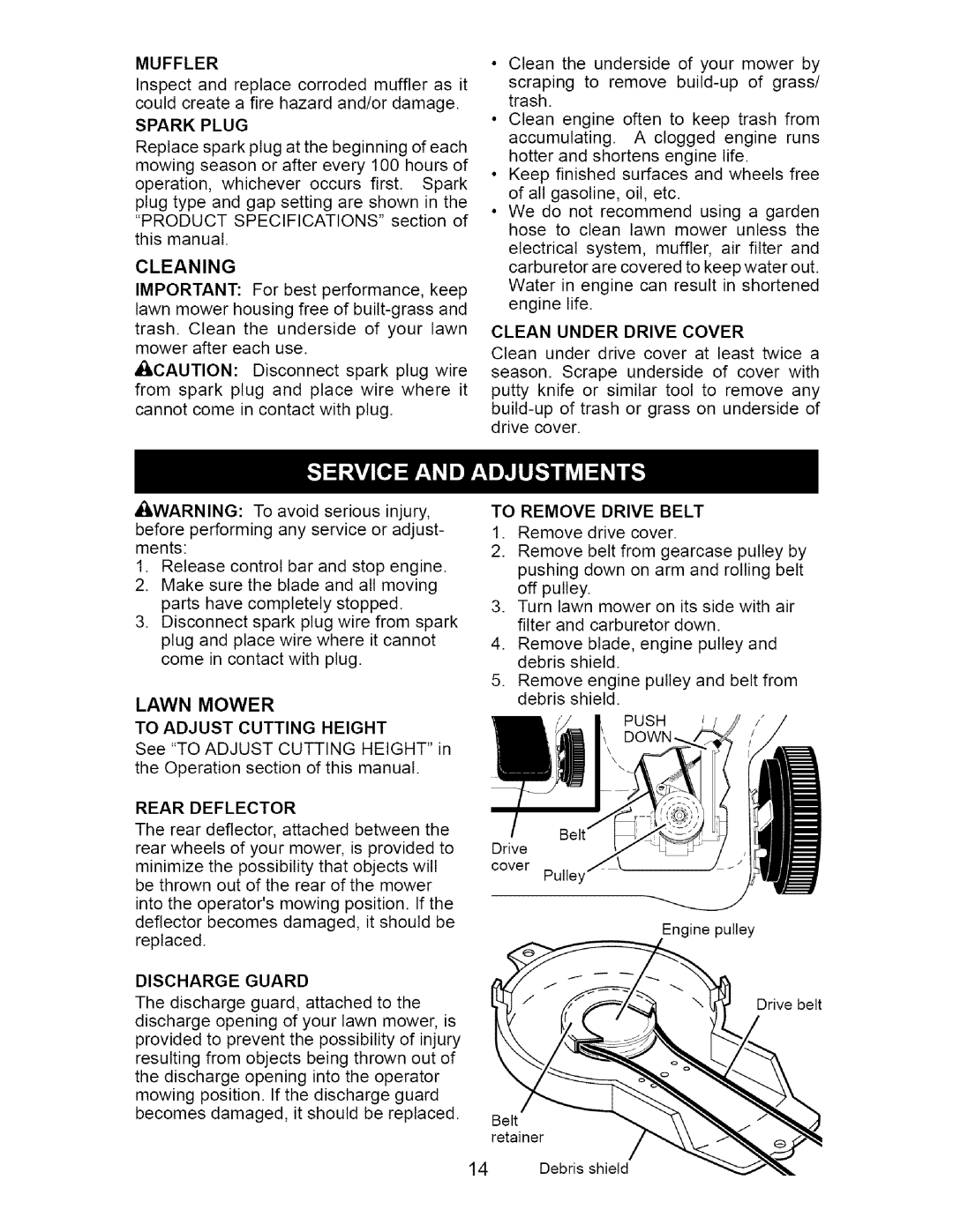 Craftsman 917.37561 owner manual Muffler, Cleaning, To Remove Drive Belt 