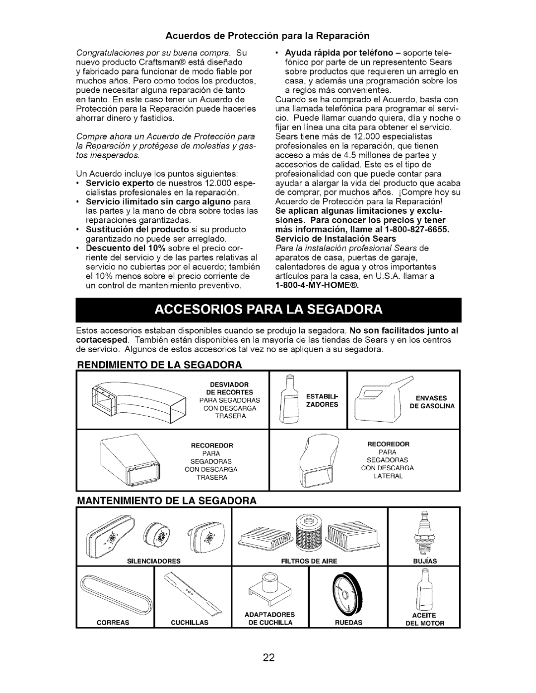 Craftsman 917.37561 owner manual Acuerdos de Protecci6n para la Reparaci6n, My-Home, Rendimiento DE LA Segadora 