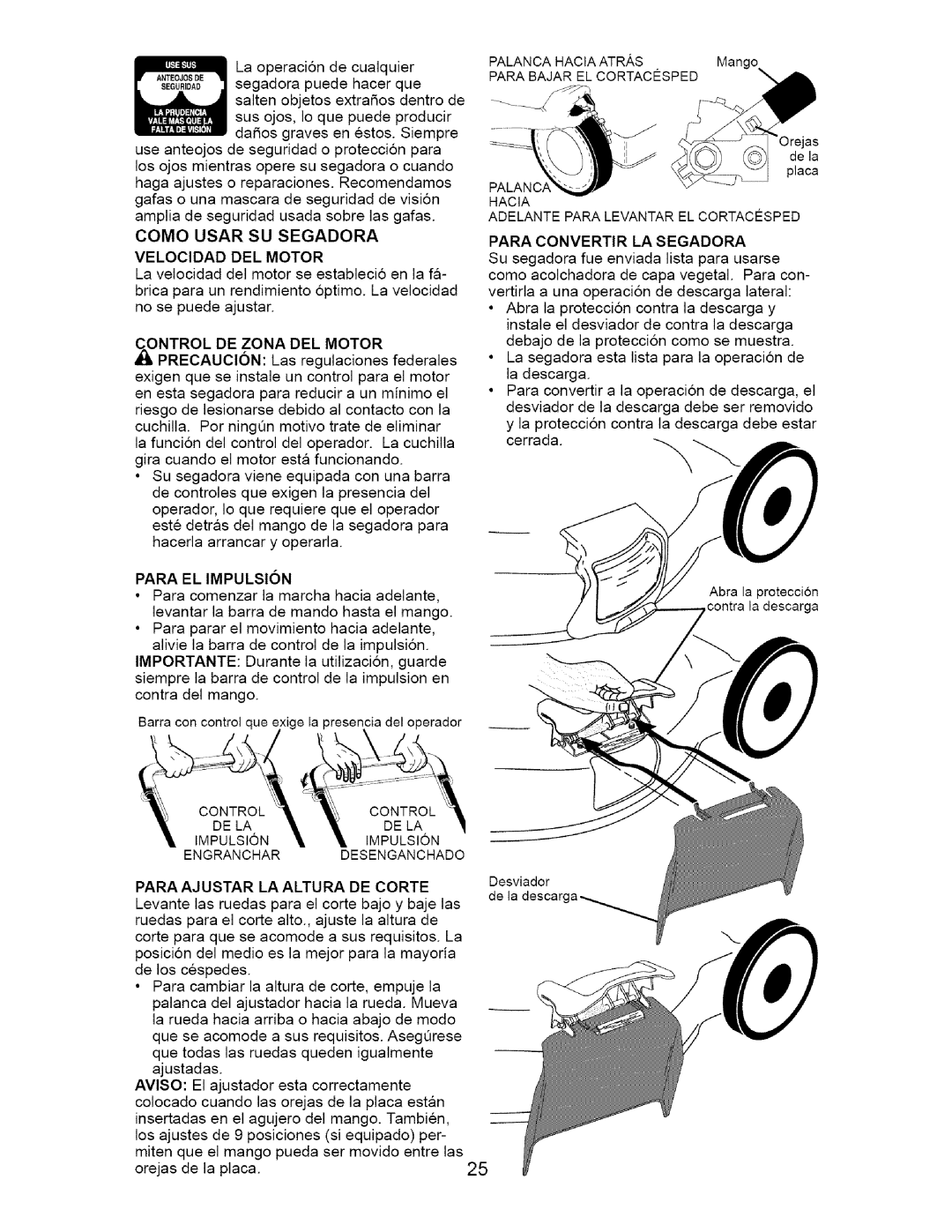 Craftsman 917.37561 owner manual Como Usar SU Segadora Velocidad DEL Motor, Para Convertir LA Segadora, Para EL Impulsion 