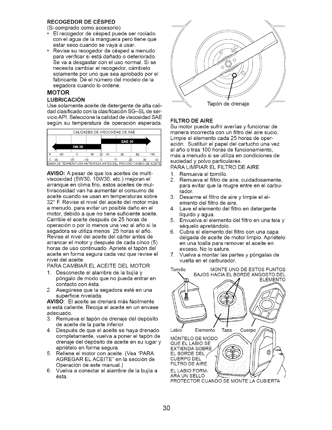 Craftsman 917.37561 owner manual Recogedordecosped, Para Cambiar EL Aceite DEL Motor, Filtro DE Aire 