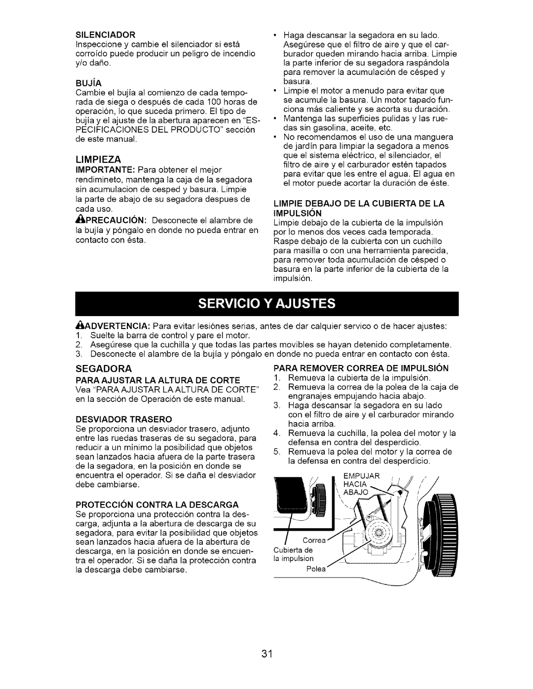 Craftsman 917.37561 Limpieza, Limpie Debajo DE LA Cubierta DE LA, Impulsion, Segadora Para Ajustar LA Altura DE Corte 