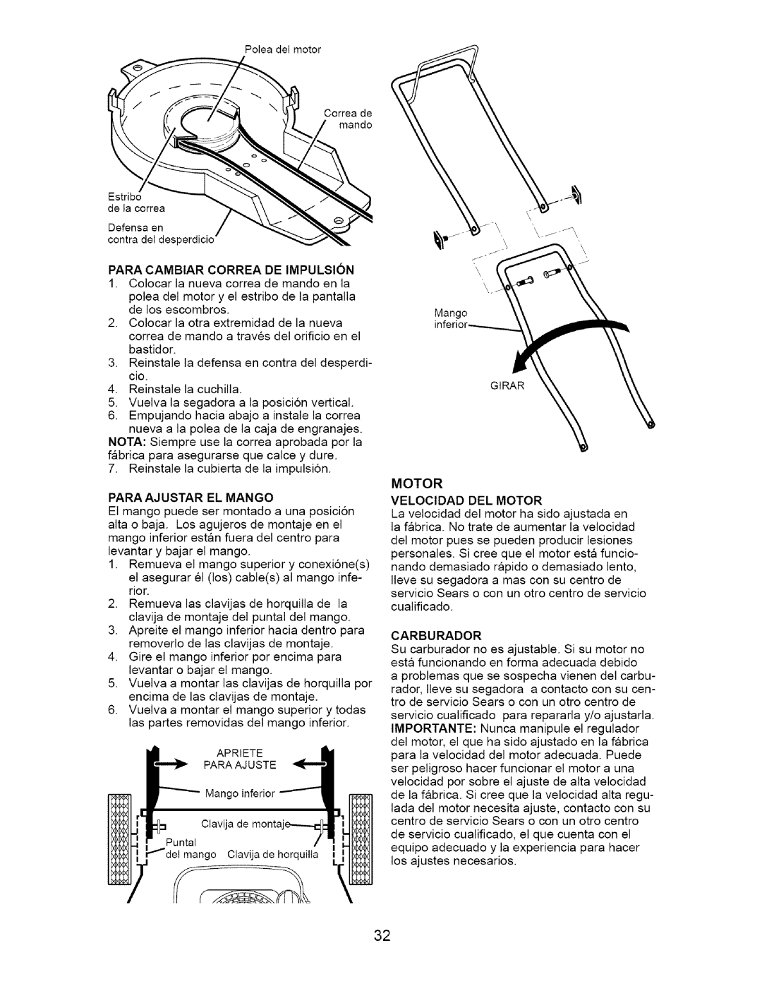 Craftsman 917.37561 owner manual Para Cambiar Correa DE Impulsion, Para Ajustar EL Mango, Motor Velocidad DEL Motor 