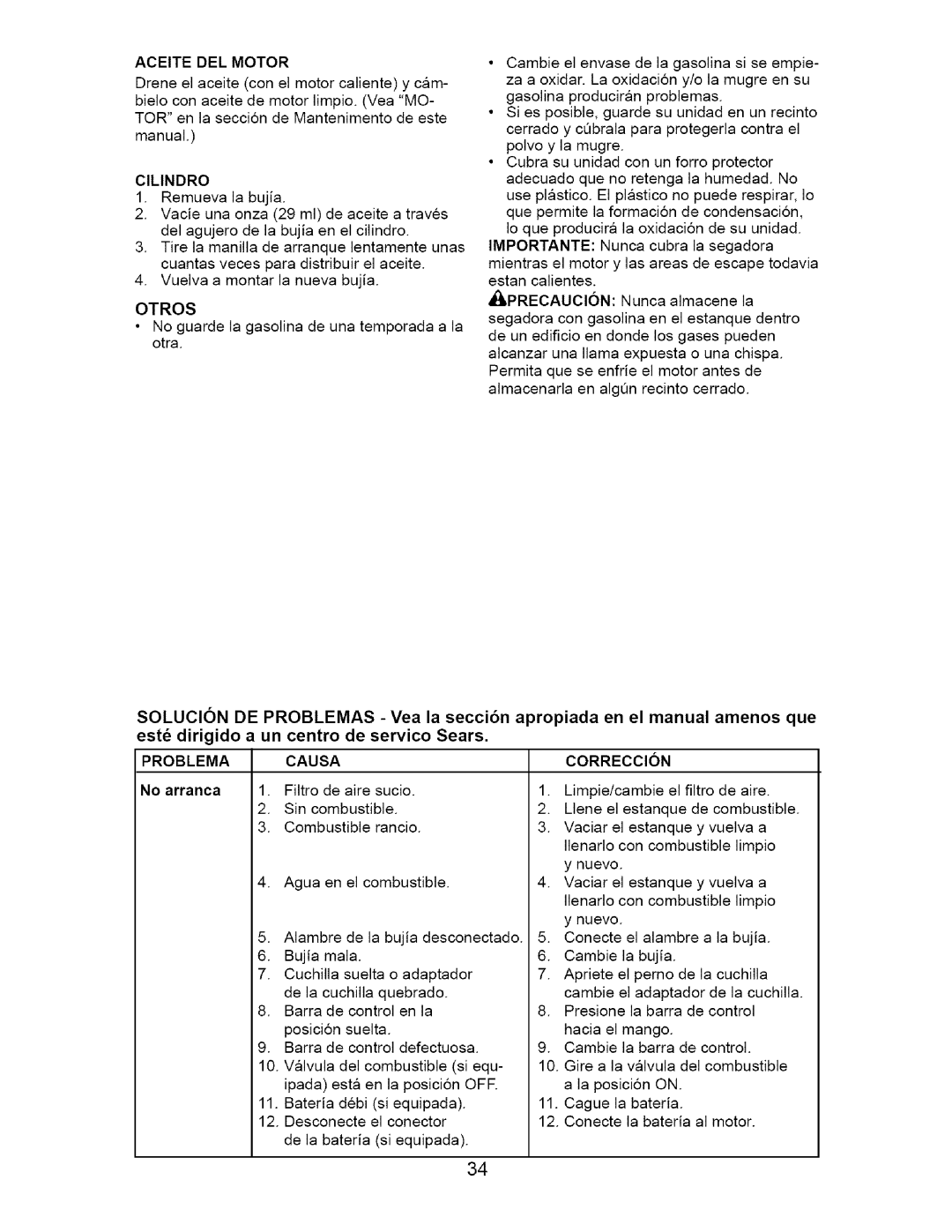 Craftsman 917.37561 owner manual Aceite DEL Motor, Problema Causa, Correccion, No arranca 