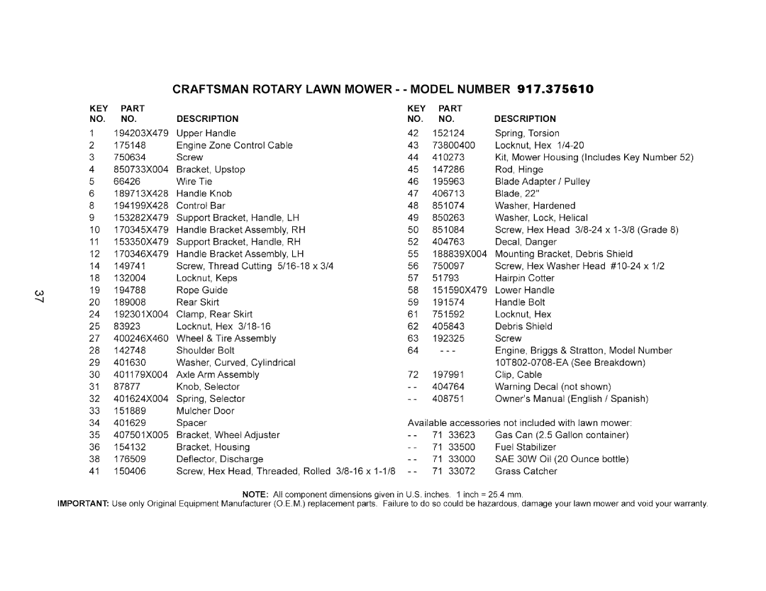 Craftsman 917.37561 owner manual Craftsman Rotary Lawn Mower - Model Number, KEY Part NO. no, Key, Part Description 