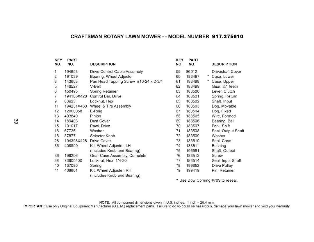 Craftsman 917.37561 owner manual KEY Part Description 