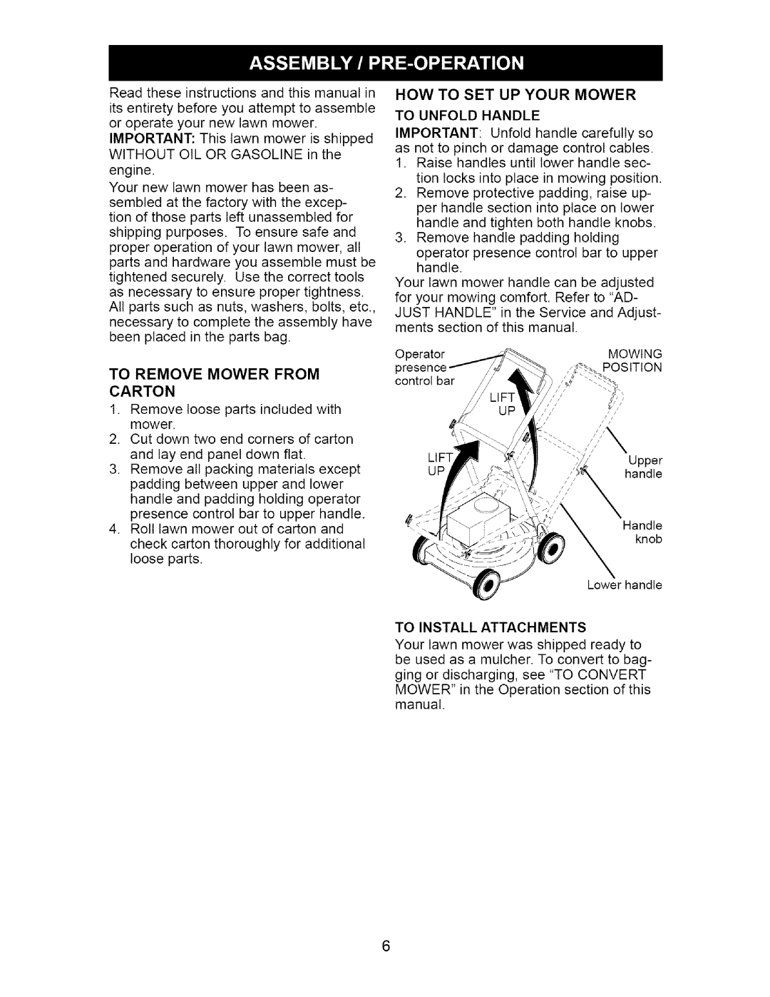 Craftsman 917.37561 owner manual Carton, To Unfold Handle, To Install Attachments 