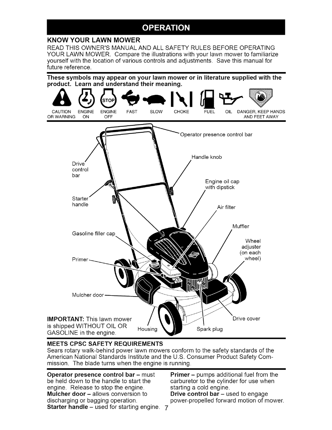 Craftsman 917.37561 Know Your Lawn Mower, Important This, Without OIL or, Gasoline, Meets Cpsc Safety Requirements 