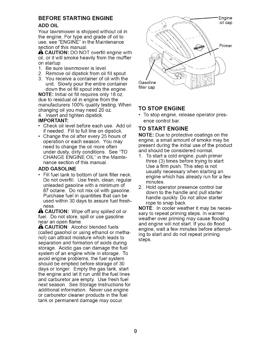 Craftsman 917.37561 owner manual Before Starting Engine, Add Oil, ADD Gasoline, To Stop Engine, To Start Engine 