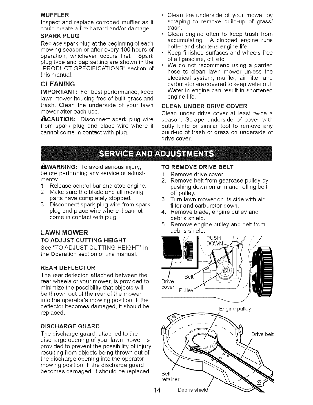 Craftsman 917.375611 manual Lawn Mower, To Adjust Cutting Height, To Remove Drive Belt, Muffler 