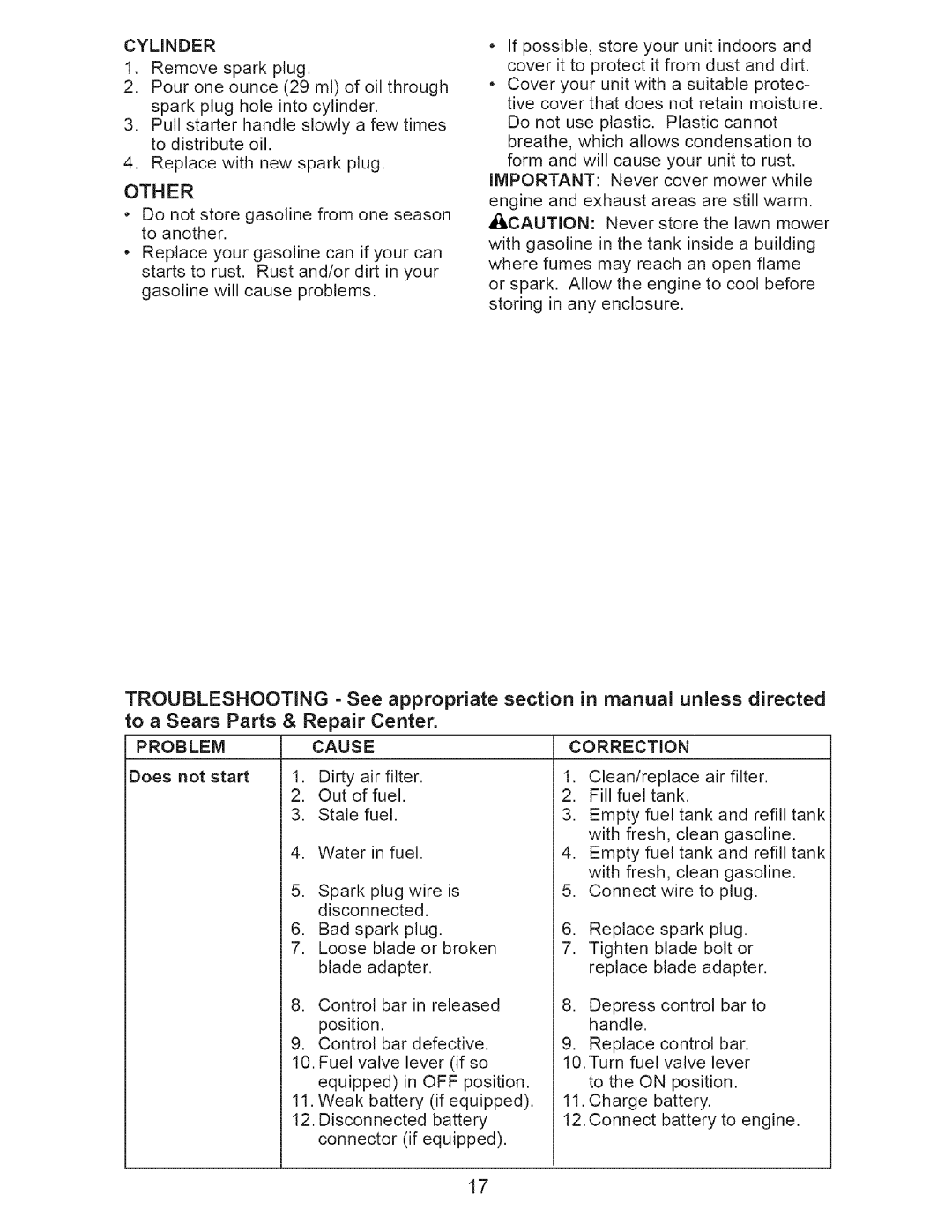 Craftsman 917.375611 manual Problem, Cause Correction, Cylinder, Other, Off 