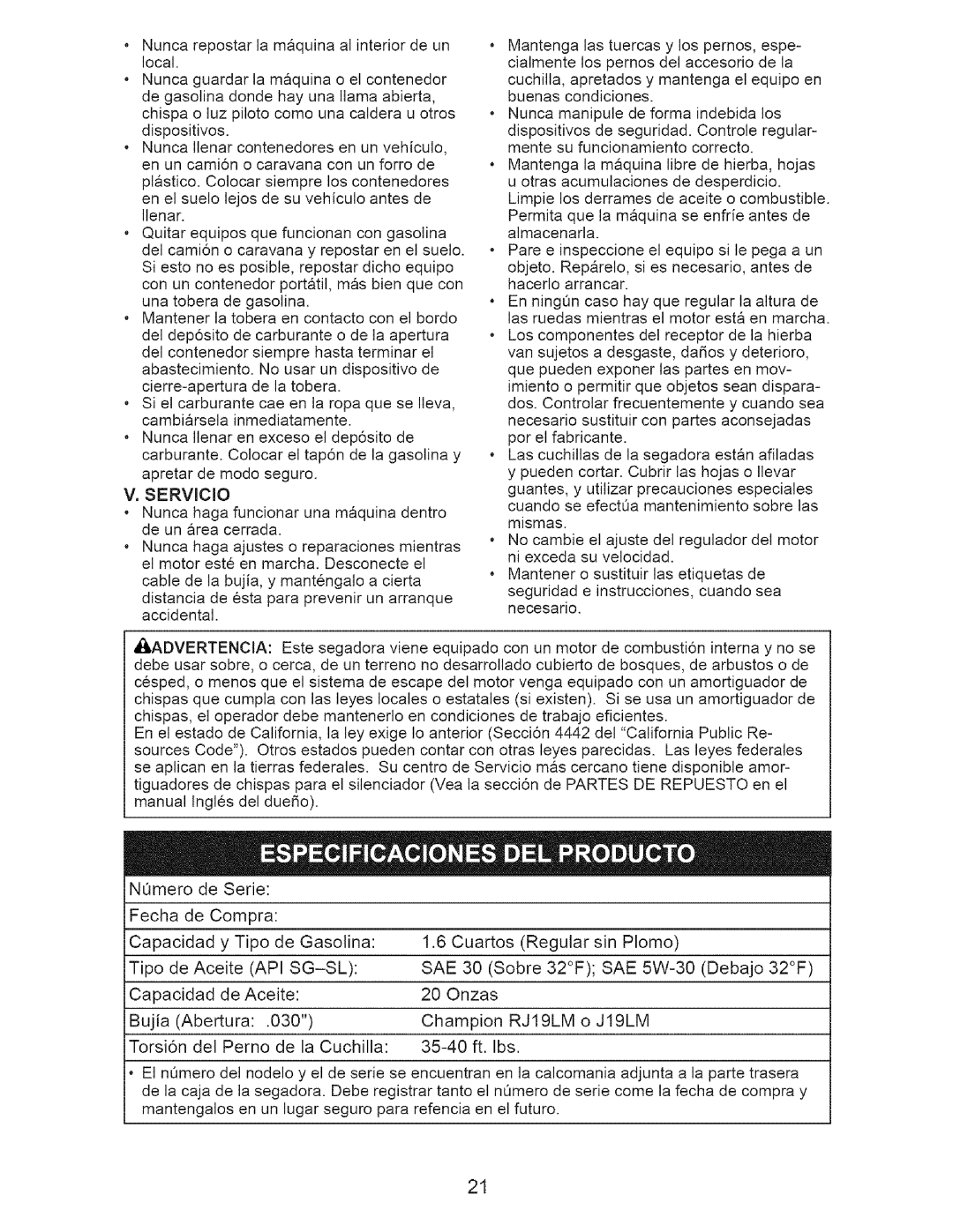 Craftsman 917.375611 manual Api Sg-Sl Sae, RJ19LM 