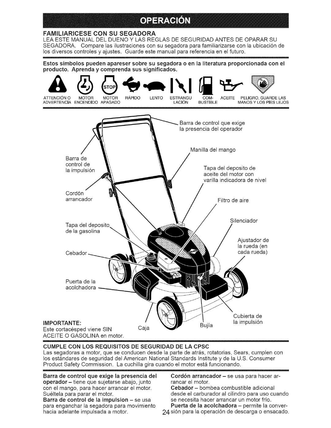 Craftsman 917.375611 manual Familiaricese CON SU Segadora, Importante, Cumple CON LOS Requisitos DE Seguridad DE LA Cpsc 