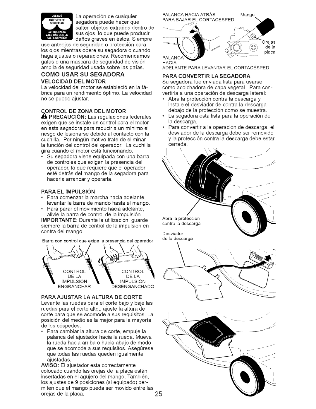 Craftsman 917.375611 manual Velocidad DEL Motor, Para EL Impulsion, Impulsion Engranchar Desenganchado 