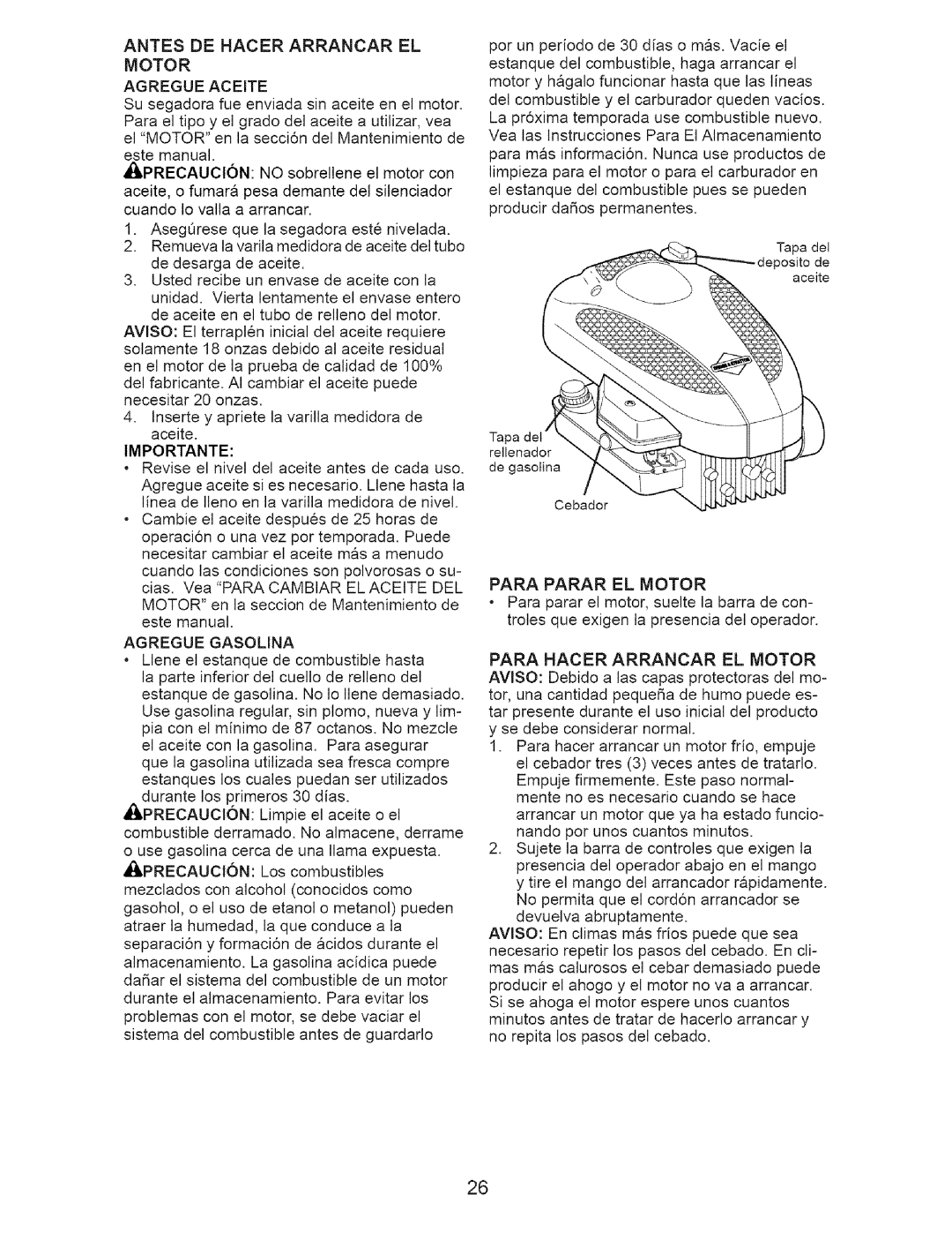 Craftsman 917.375611 manual Para Hacer Arrancar EL Motor 