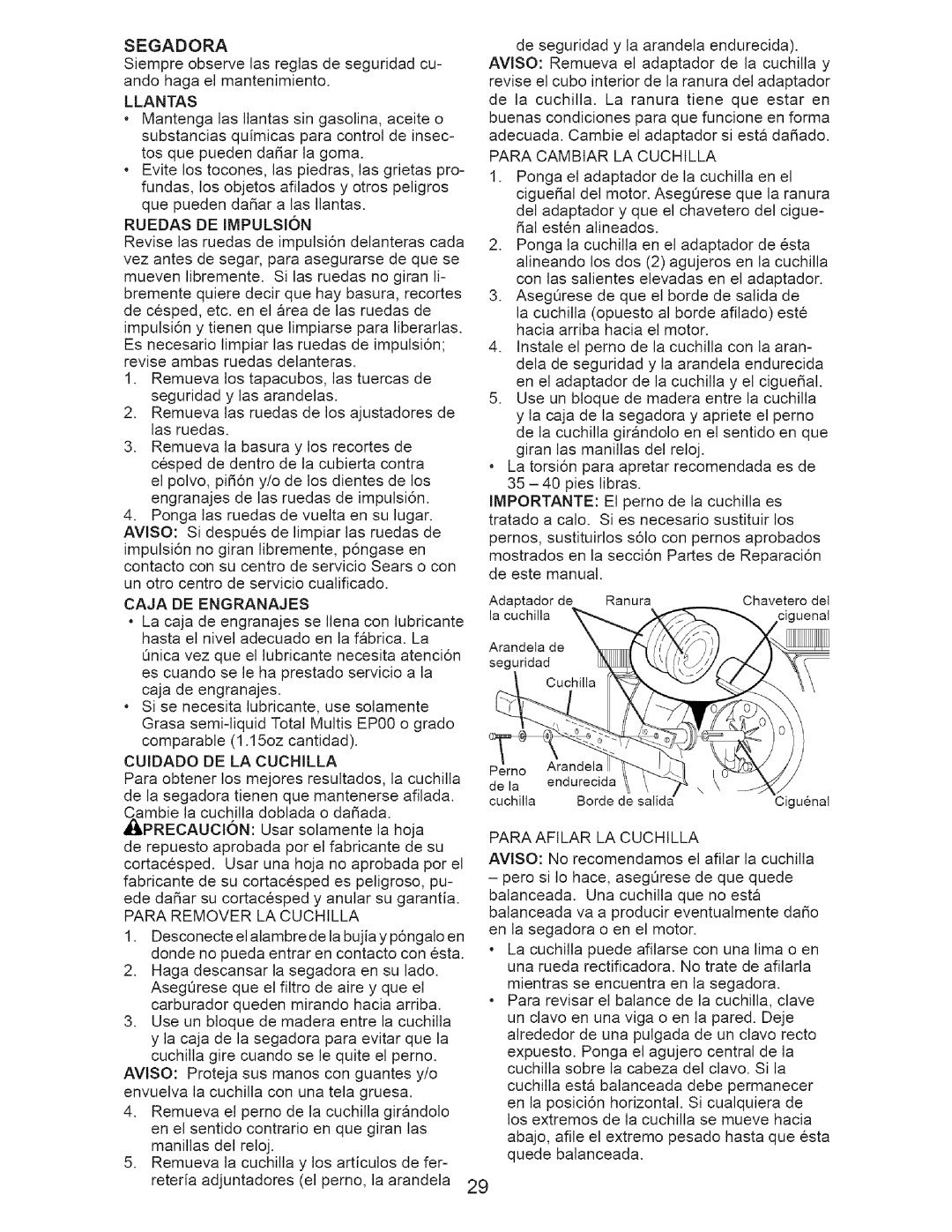 Craftsman 917.375611 manual Segadora, Llantas, Ruedas DE Impulsion, Caja DE Engranajes, Cuidado DE LA Cuchilla 