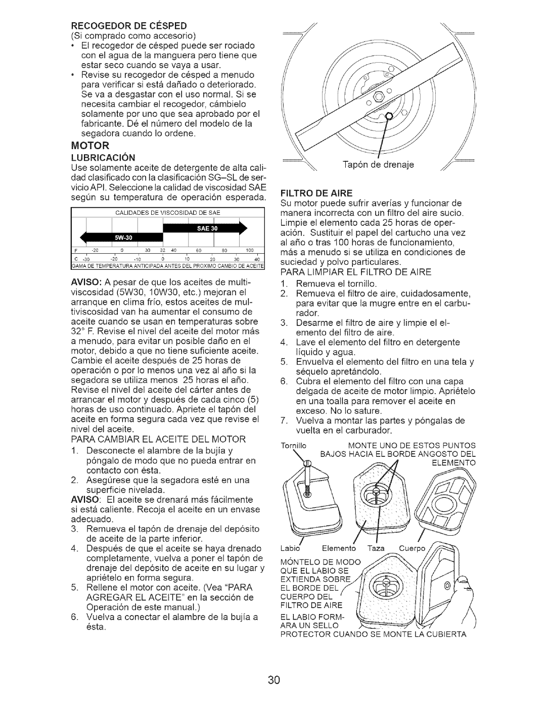 Craftsman 917.375611 manual Recogedordecesped, Filtro DE Aire 