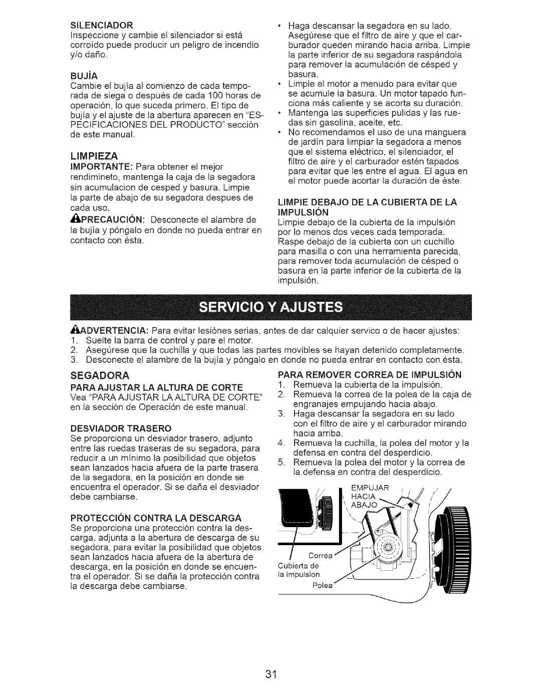 Craftsman 917.375611 manual Limpie Debajo DE LA Cubierta DE LA Impulsion, LA Altura DE Corte, Desviador Trasero 