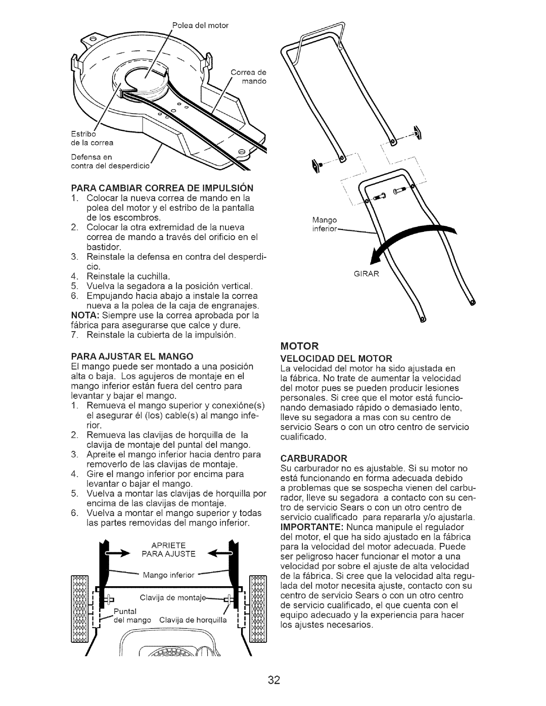 Craftsman 917.375611 manual Para Cambiar Correa DE Impulsion, Para Ajustar EL Mango, Motor, Carburador 