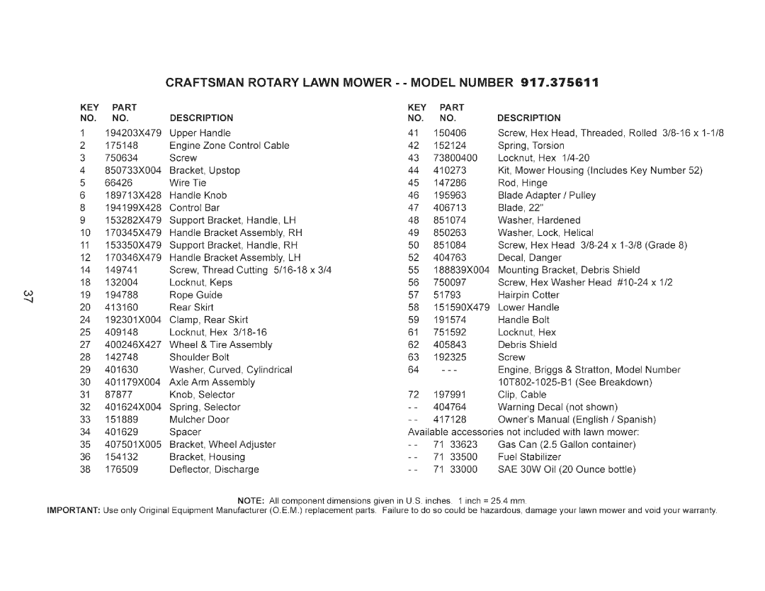 Craftsman 917.375611 manual KEY Part NO. no, KEY Part Description 