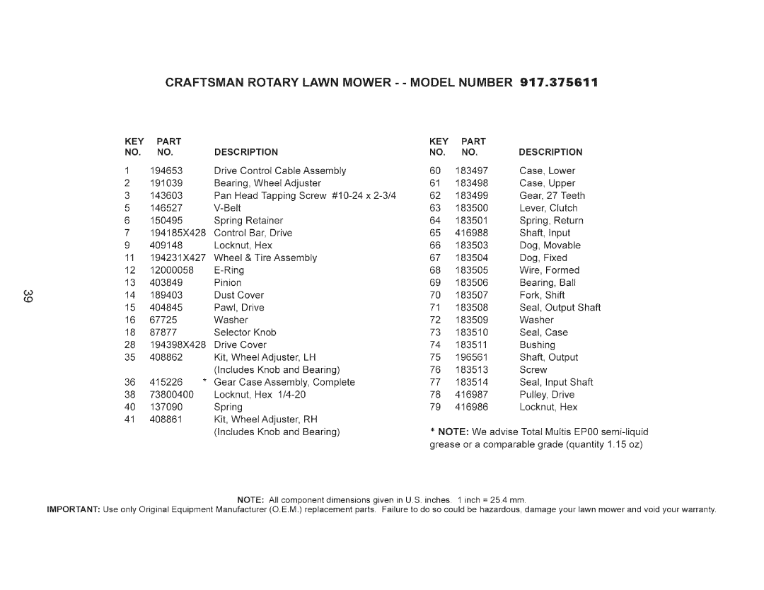 Craftsman 917.375611 manual Craftsman Rotary Lawn Mower - Model Number 