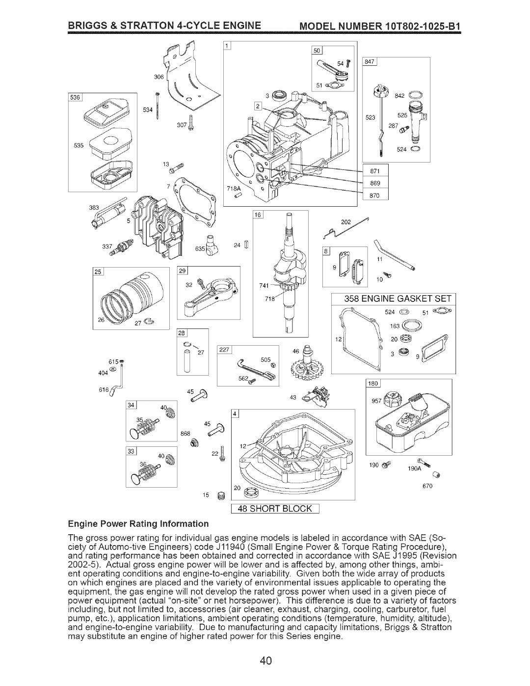 Craftsman 917.375611 manual Briggs & Stratton 4=CYCLE Engine, Engine Gasket SET, Short Block 