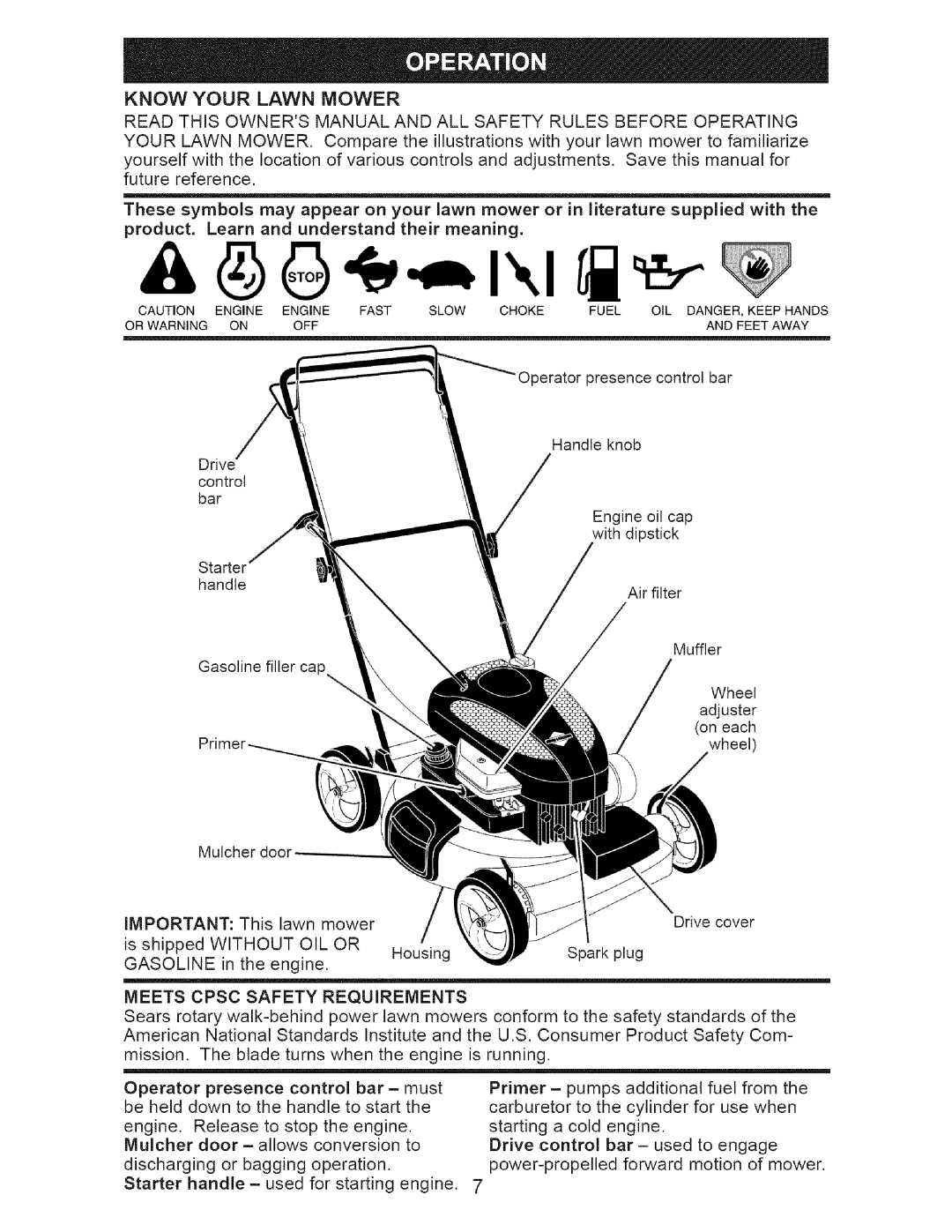 Craftsman 917.375611 manual Know Your Lawn Mower, Without OIL or, Gasoline, Meets Cpsc Safety Requirements 