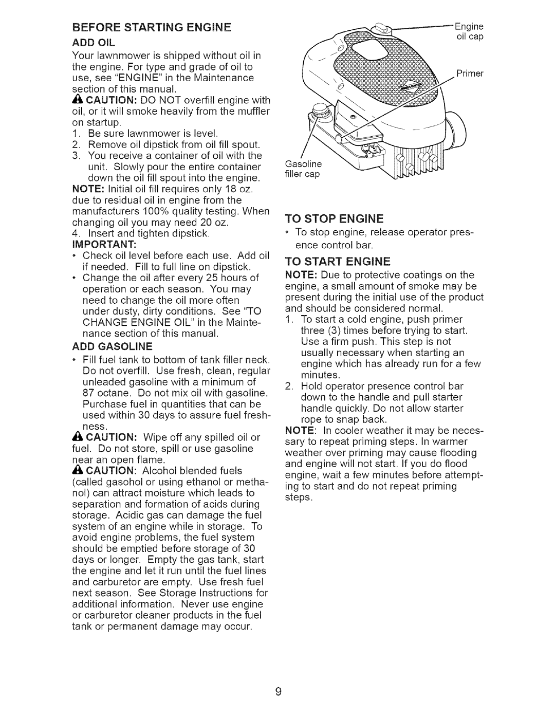 Craftsman 917.375611 manual To Stop Engine, Add Oil, ADD Gasoline, To Start Engine 