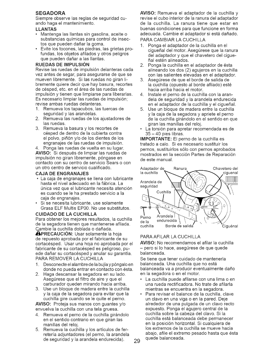 Craftsman 917.375631 owner manual Segadora, Llantas, Ruedas DE Impulsion, Caja DE Engranajes, Cuidado DE LA Cuchilla 