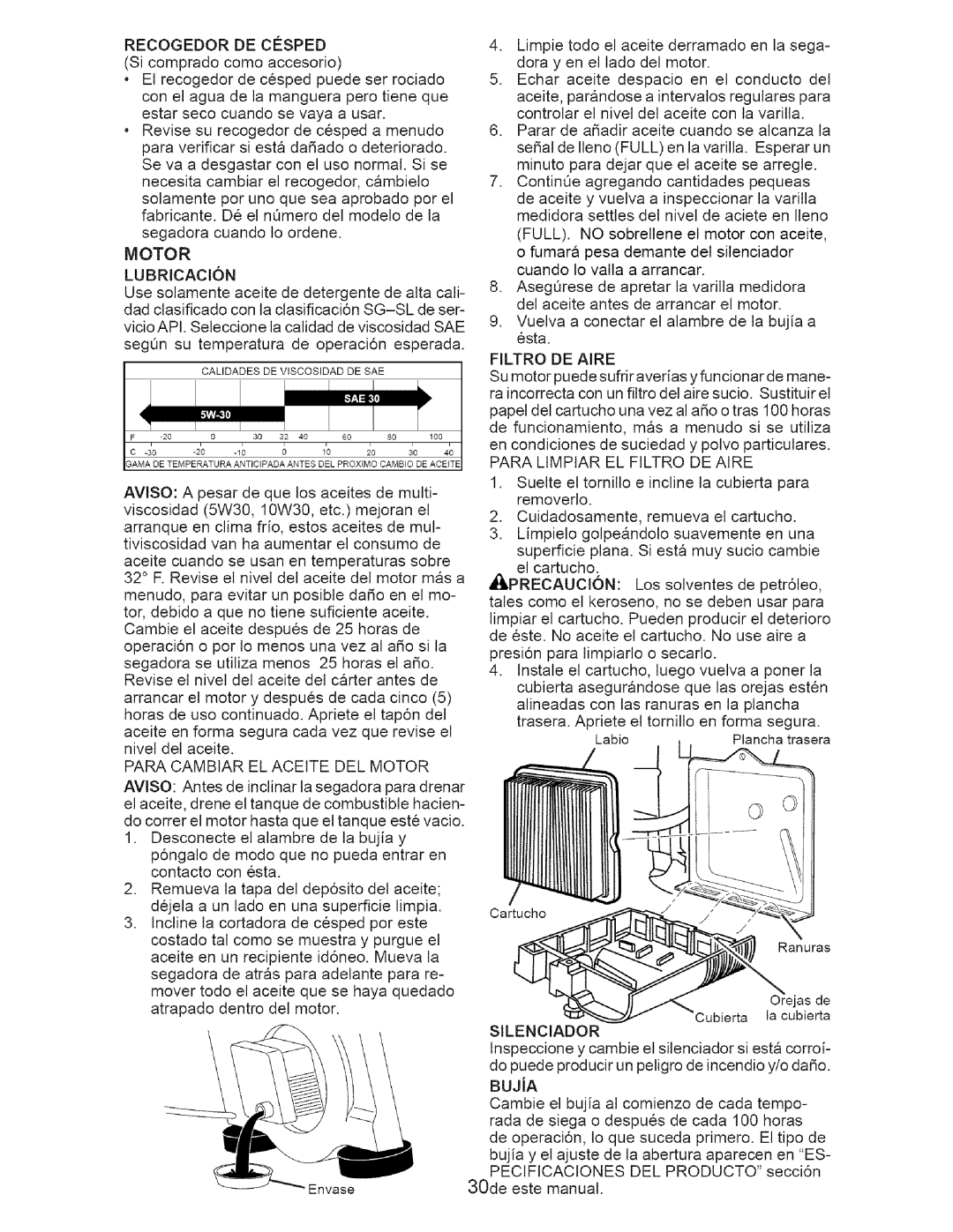 Craftsman 917.375631 owner manual Motor, Filtro DE Aire 