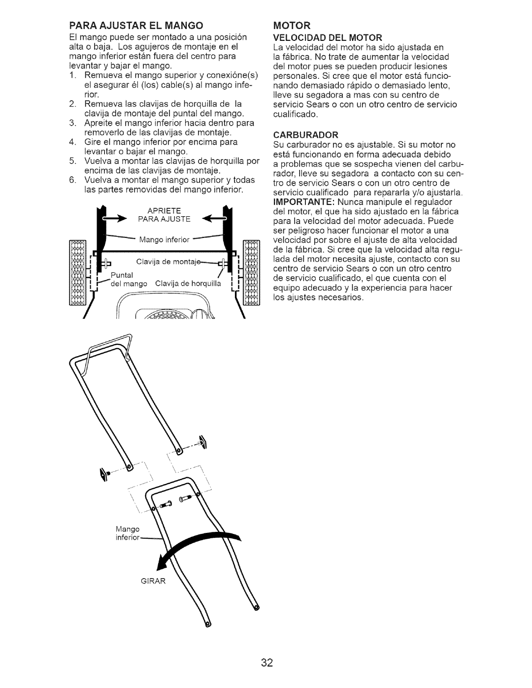 Craftsman 917.375631 owner manual Para Ajustar EL Mango, Motor Velocidad DEL Motor 