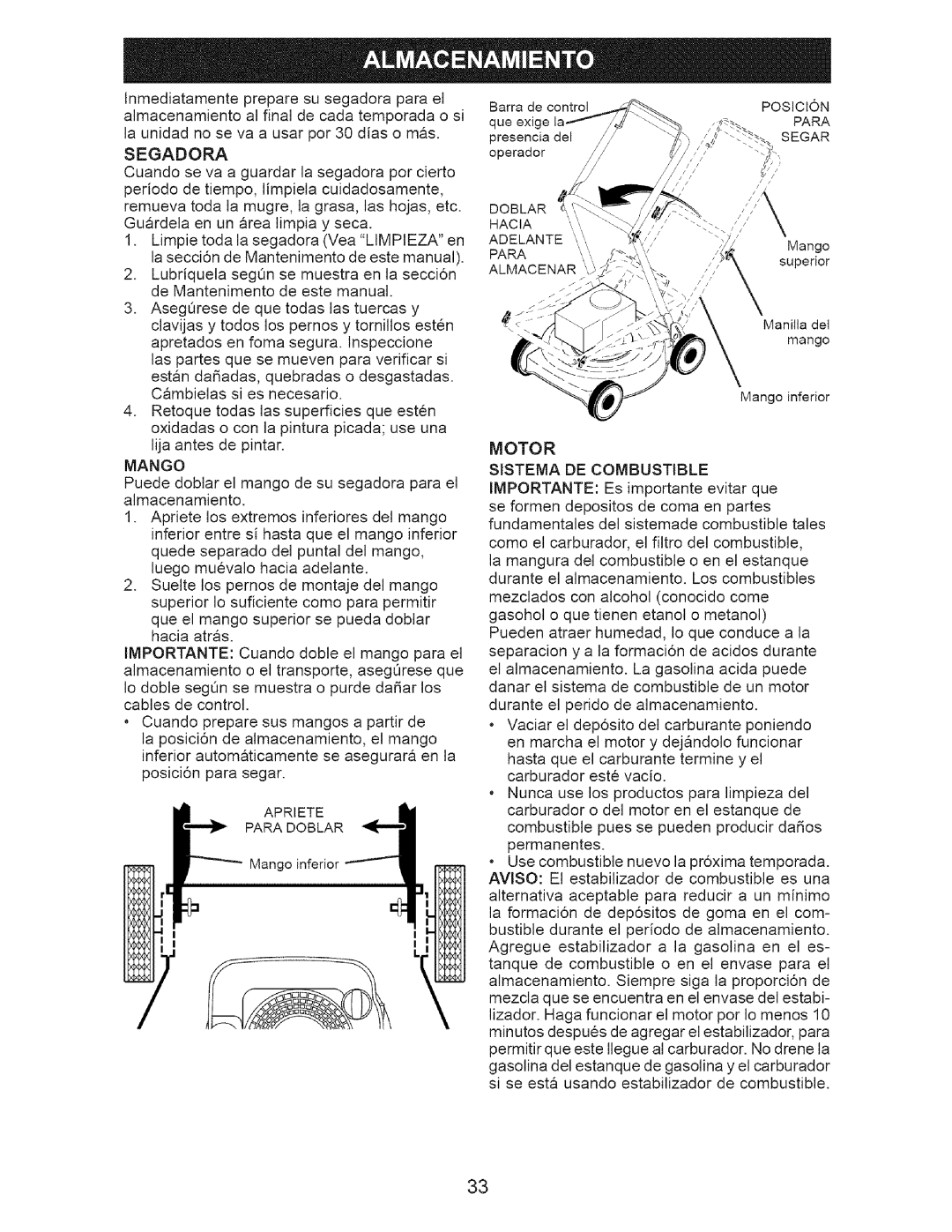 Craftsman 917.375631 owner manual Segadora, Mango, Sistema DE Combustible 