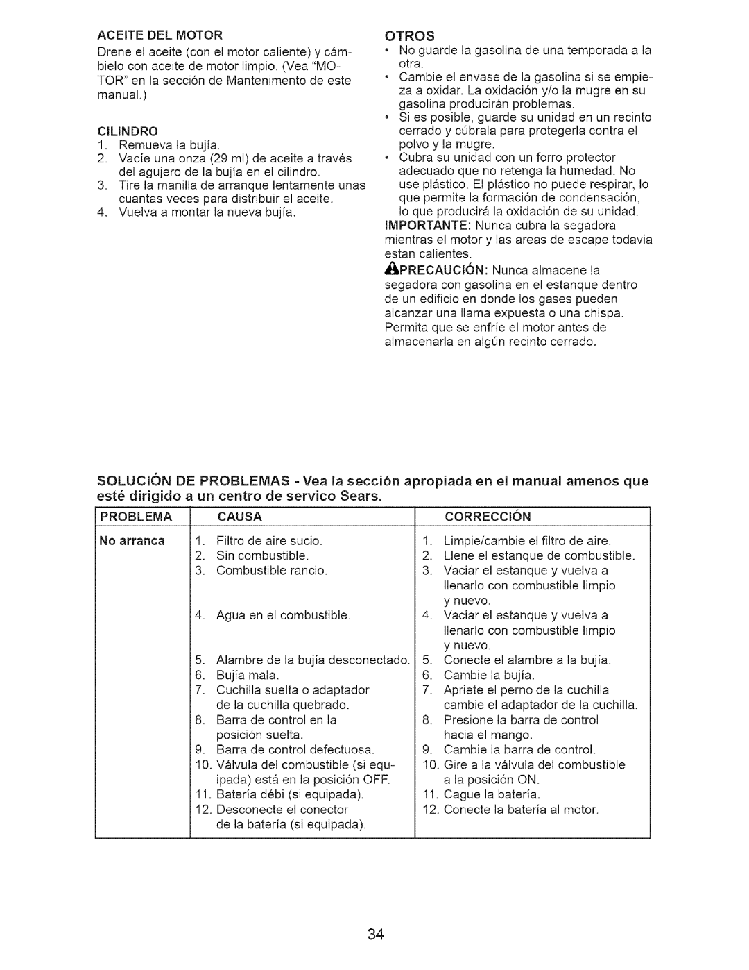 Craftsman 917.375631 owner manual Aceite DEL Motor, Solucion, Problemas, Problema Causa Correccion 