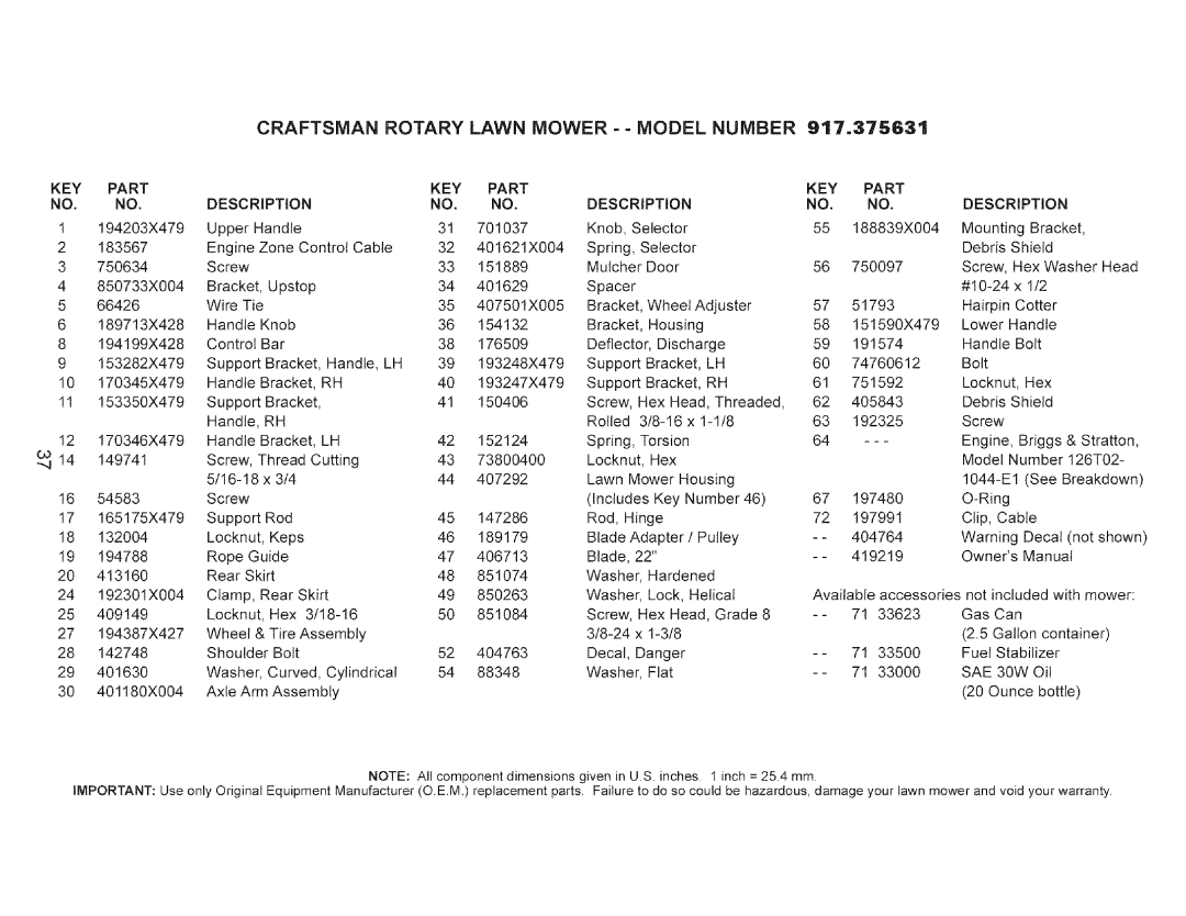 Craftsman 917.375631 owner manual Craftsman Rotary Lawn Mower - Model Number, Part, Description 